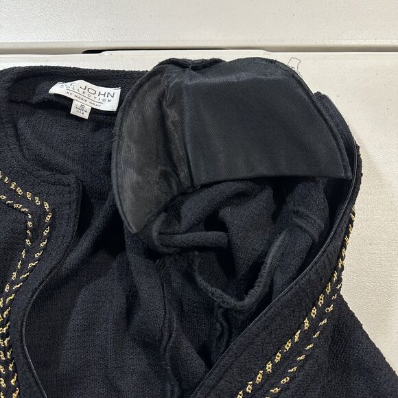 St John Collection By Marie Gray Knit Blazer Size 10 Black Gold Chain Zip Up - Picture 5 of 9